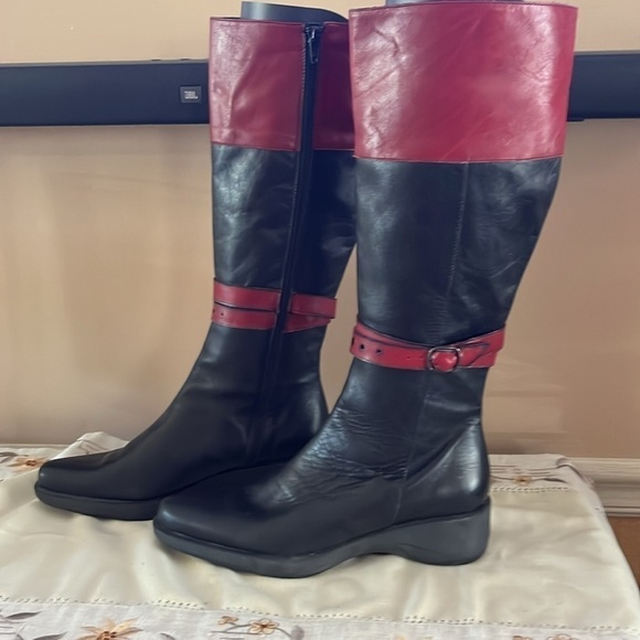 SOFFIA | BLACK RED PATCHWORK PRINTED LEATHER KNEE BOOTS(044S) - Picture 2 of 6